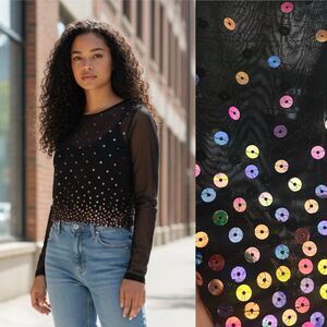 Vintage Cache Y2K Mesh Black Top Multi Colored Sequins Size Medium